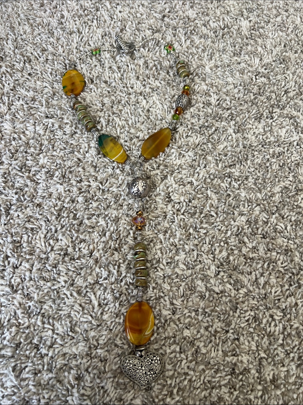 Vintage Amber-Tone Beaded Necklace with Heart Pendant